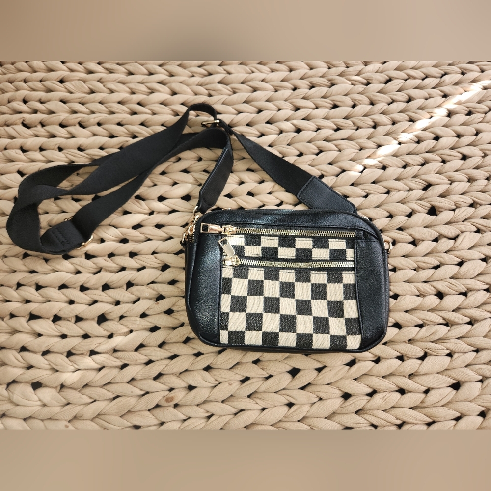 SHEIN Black and Cream Checkered Crossbody Bag